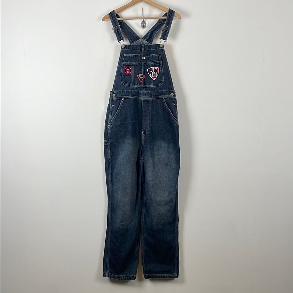Disney Retro  Mickey Blue Denim Carpenter Wide Leg Bib Overalls with Patches